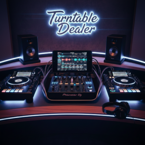 Cabina de DJ profesional con equipos Pioneer DJ y AlphaTheta en el estudio de Turntable Dealer.